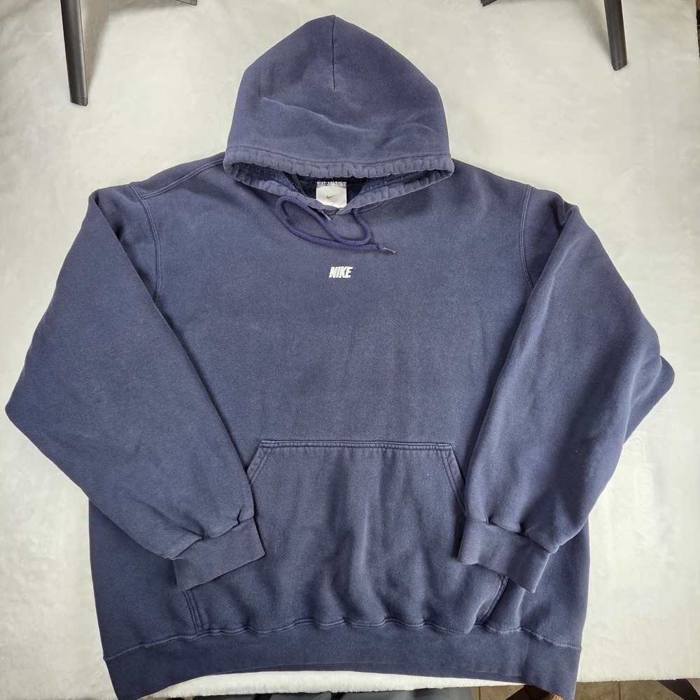Vintage Nike Hoodie Centered Spell Out Nike Logo Men Sz XL Fleece Pullover Navy‎ - Picture 2 of 7